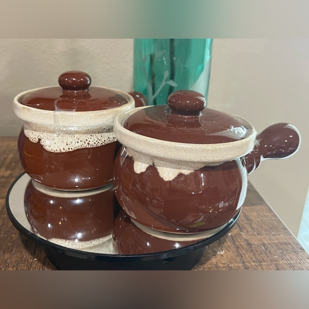 Nantucket House brown pottery French onion soup crocks, vintage, set of two!
